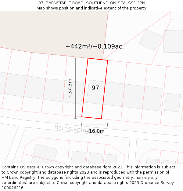 97, BARNSTAPLE ROAD, SOUTHEND-ON-SEA, SS1 3PN: Plot and title map