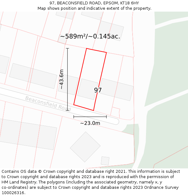 97, BEACONSFIELD ROAD, EPSOM, KT18 6HY: Plot and title map