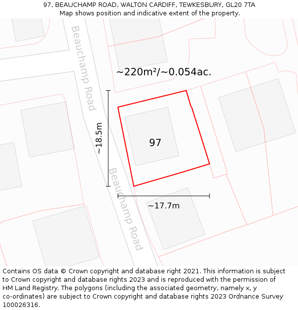 97, BEAUCHAMP ROAD, WALTON CARDIFF, TEWKESBURY, GL20 7TA: Plot and title map