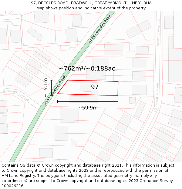 97, BECCLES ROAD, BRADWELL, GREAT YARMOUTH, NR31 8HA: Plot and title map