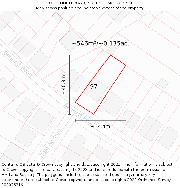 97, BENNETT ROAD, NOTTINGHAM, NG3 6BT: Plot and title map