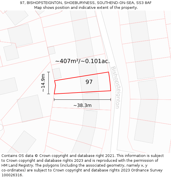97, BISHOPSTEIGNTON, SHOEBURYNESS, SOUTHEND-ON-SEA, SS3 8AF: Plot and title map