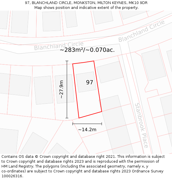97, BLANCHLAND CIRCLE, MONKSTON, MILTON KEYNES, MK10 9DR: Plot and title map