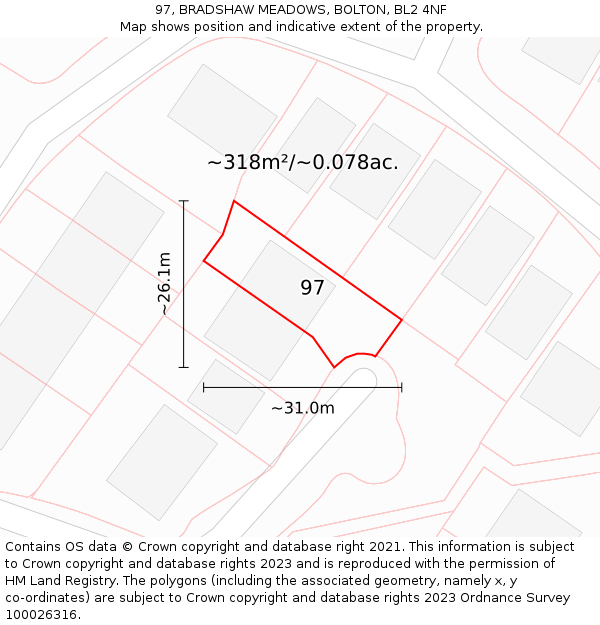 97, BRADSHAW MEADOWS, BOLTON, BL2 4NF: Plot and title map