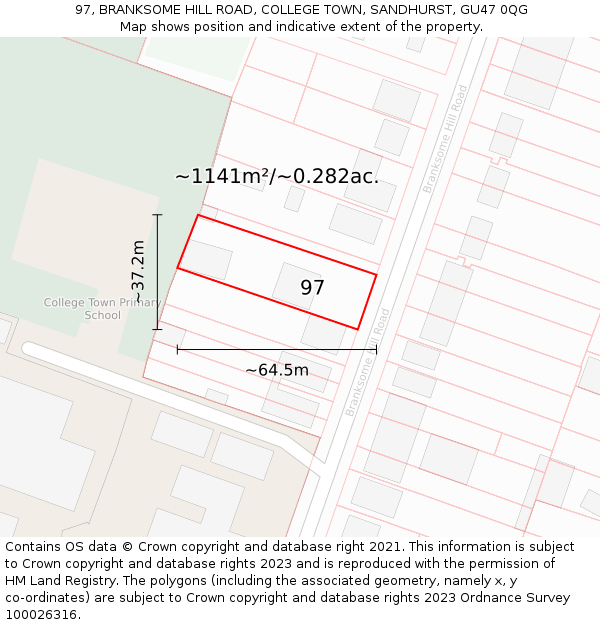 97, BRANKSOME HILL ROAD, COLLEGE TOWN, SANDHURST, GU47 0QG: Plot and title map