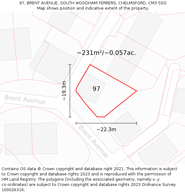 97, BRENT AVENUE, SOUTH WOODHAM FERRERS, CHELMSFORD, CM3 5SG: Plot and title map