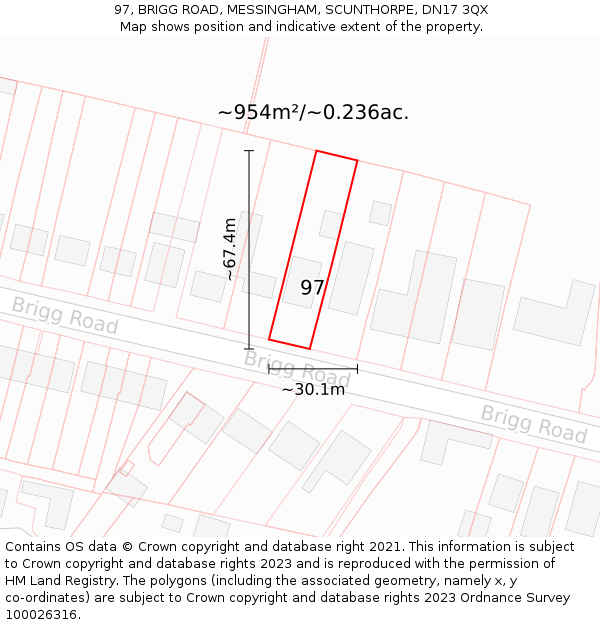 97, BRIGG ROAD, MESSINGHAM, SCUNTHORPE, DN17 3QX: Plot and title map