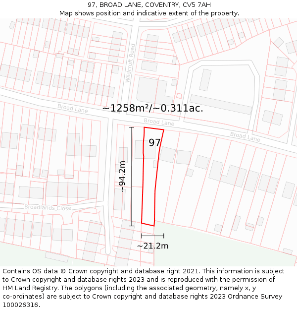 97, BROAD LANE, COVENTRY, CV5 7AH: Plot and title map