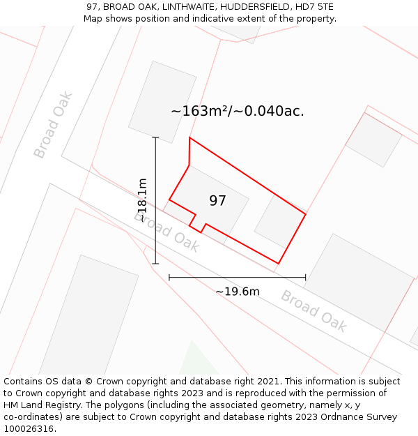 97, BROAD OAK, LINTHWAITE, HUDDERSFIELD, HD7 5TE: Plot and title map