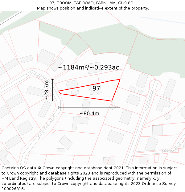 97, BROOMLEAF ROAD, FARNHAM, GU9 8DH: Plot and title map