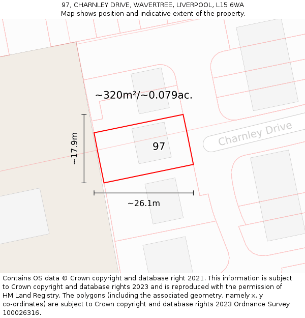 97, CHARNLEY DRIVE, WAVERTREE, LIVERPOOL, L15 6WA: Plot and title map
