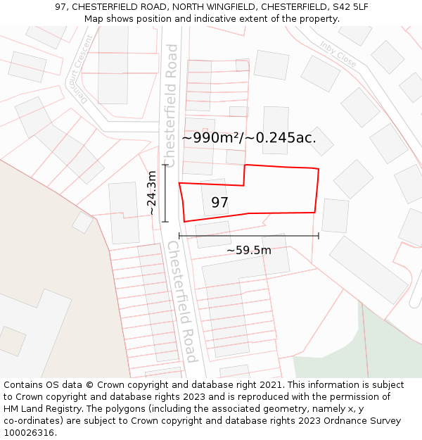 97, CHESTERFIELD ROAD, NORTH WINGFIELD, CHESTERFIELD, S42 5LF: Plot and title map
