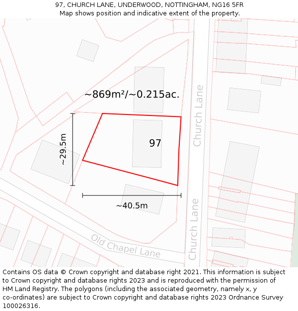 97, CHURCH LANE, UNDERWOOD, NOTTINGHAM, NG16 5FR: Plot and title map