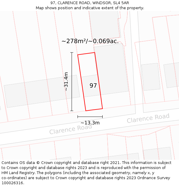 97, CLARENCE ROAD, WINDSOR, SL4 5AR: Plot and title map