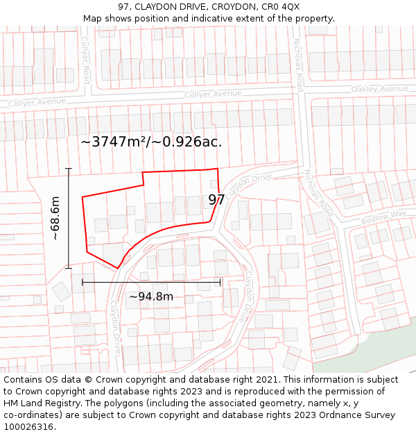 97, CLAYDON DRIVE, CROYDON, CR0 4QX: Plot and title map
