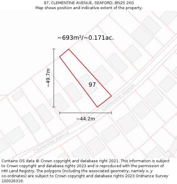 97, CLEMENTINE AVENUE, SEAFORD, BN25 2XG: Plot and title map