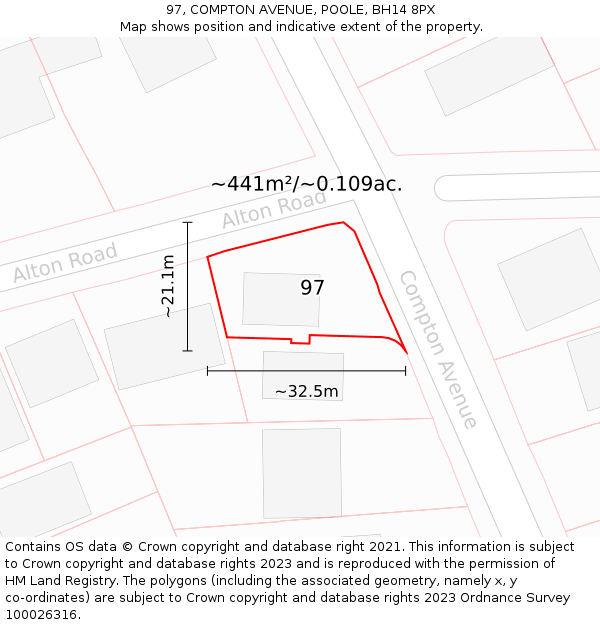 97, COMPTON AVENUE, POOLE, BH14 8PX: Plot and title map