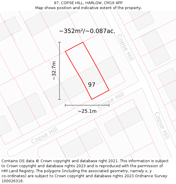 97, COPSE HILL, HARLOW, CM19 4PP: Plot and title map