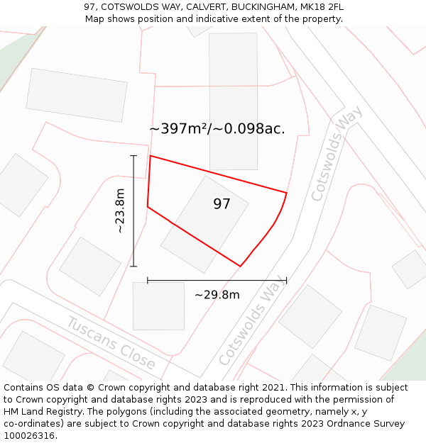97, COTSWOLDS WAY, CALVERT, BUCKINGHAM, MK18 2FL: Plot and title map