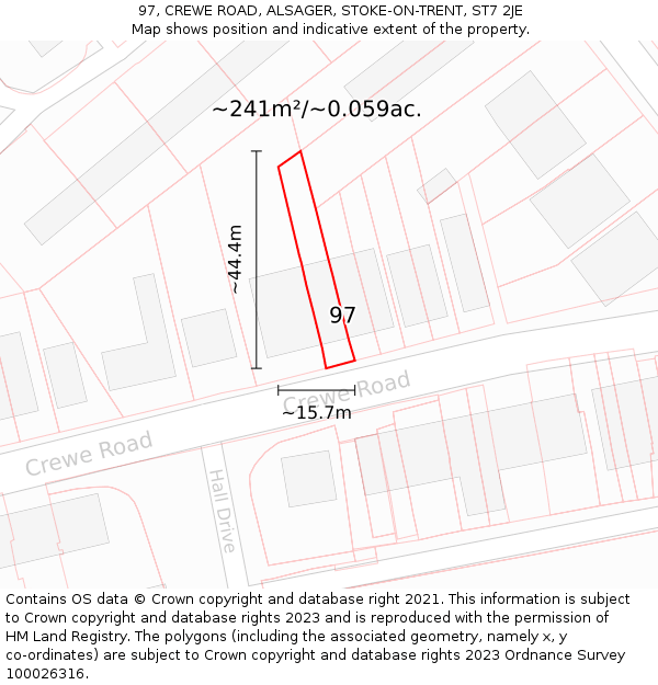 97, CREWE ROAD, ALSAGER, STOKE-ON-TRENT, ST7 2JE: Plot and title map