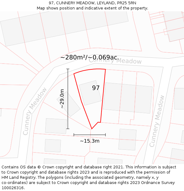 97, CUNNERY MEADOW, LEYLAND, PR25 5RN: Plot and title map