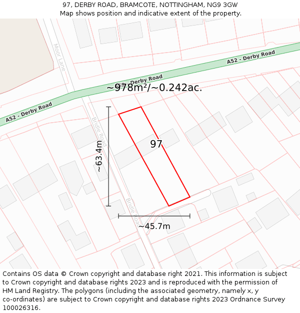 97, DERBY ROAD, BRAMCOTE, NOTTINGHAM, NG9 3GW: Plot and title map