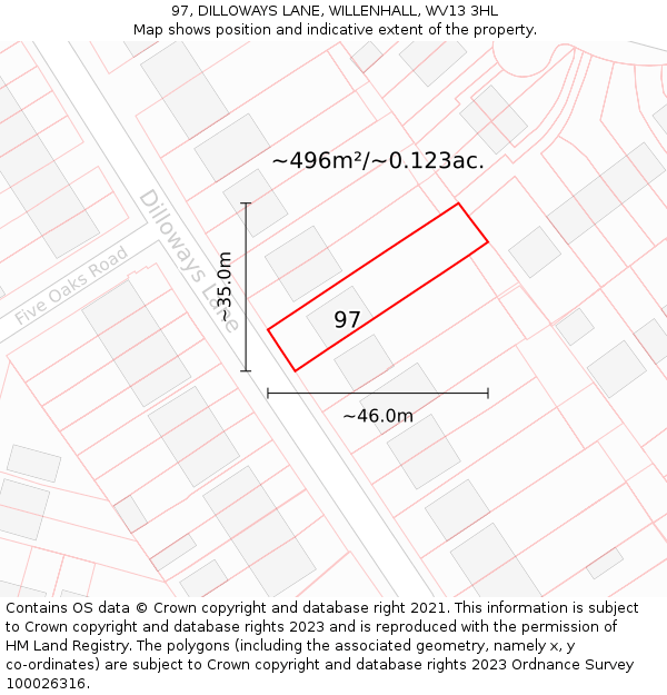 97, DILLOWAYS LANE, WILLENHALL, WV13 3HL: Plot and title map