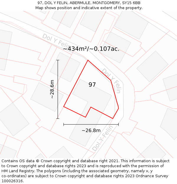 97, DOL Y FELIN, ABERMULE, MONTGOMERY, SY15 6BB: Plot and title map