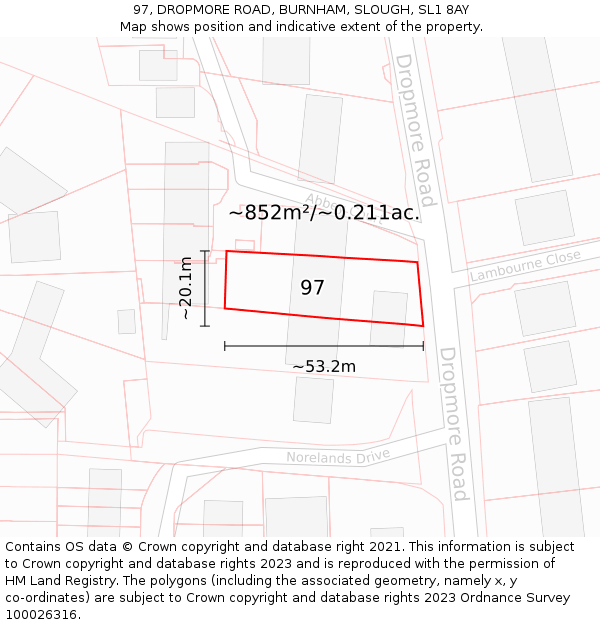 97, DROPMORE ROAD, BURNHAM, SLOUGH, SL1 8AY: Plot and title map