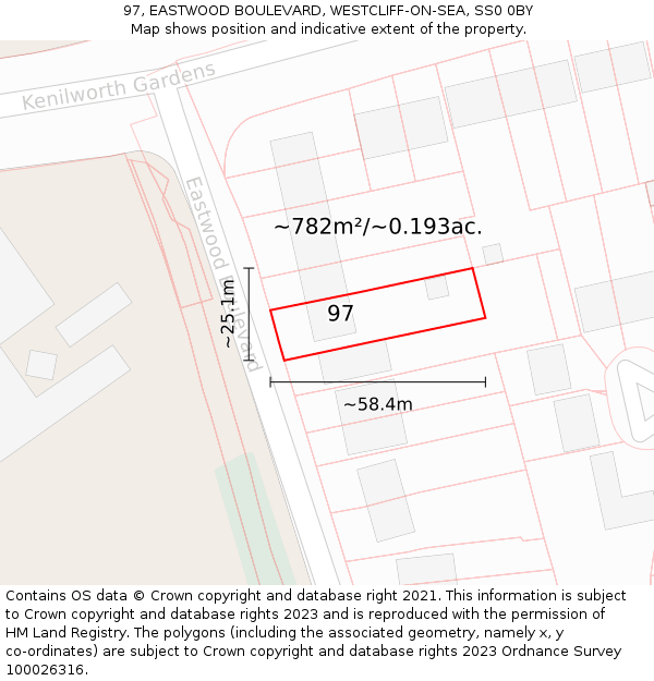 97, EASTWOOD BOULEVARD, WESTCLIFF-ON-SEA, SS0 0BY: Plot and title map