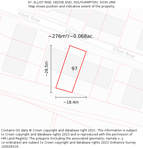 97, ELLIOT RISE, HEDGE END, SOUTHAMPTON, SO30 2RW: Plot and title map