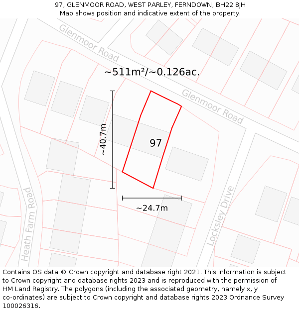 97, GLENMOOR ROAD, WEST PARLEY, FERNDOWN, BH22 8JH: Plot and title map