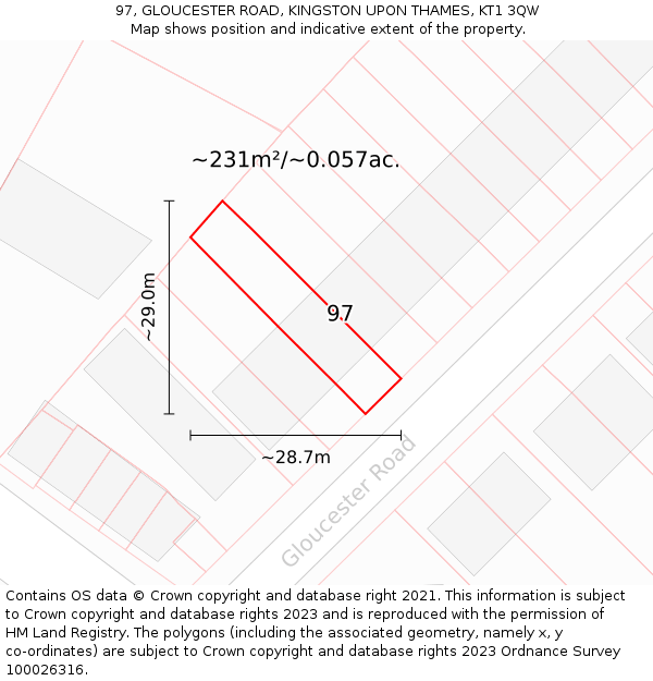 97, GLOUCESTER ROAD, KINGSTON UPON THAMES, KT1 3QW: Plot and title map