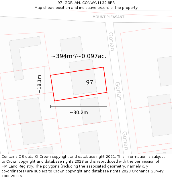 97, GORLAN, CONWY, LL32 8RR: Plot and title map