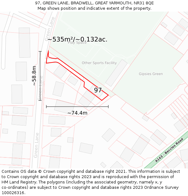 97, GREEN LANE, BRADWELL, GREAT YARMOUTH, NR31 8QE: Plot and title map