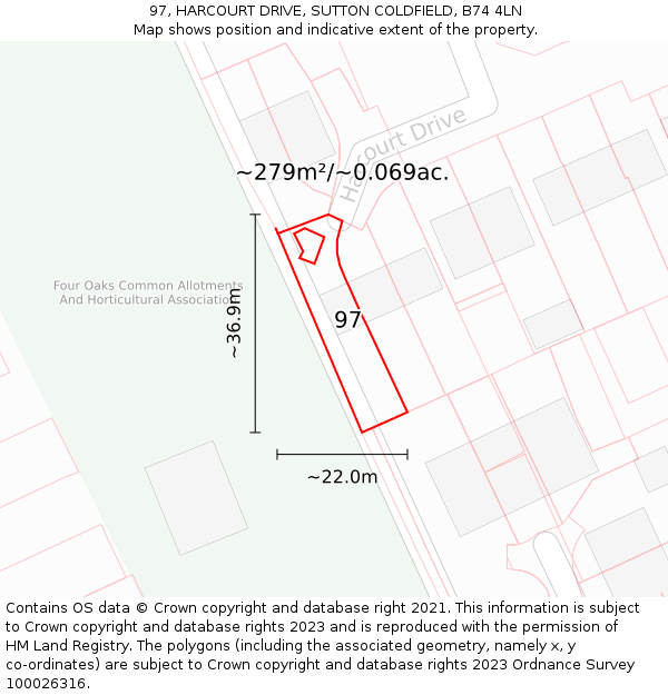 97, HARCOURT DRIVE, SUTTON COLDFIELD, B74 4LN: Plot and title map