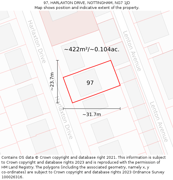 97, HARLAXTON DRIVE, NOTTINGHAM, NG7 1JD: Plot and title map