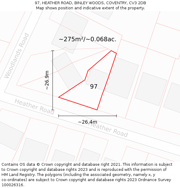 97, HEATHER ROAD, BINLEY WOODS, COVENTRY, CV3 2DB: Plot and title map