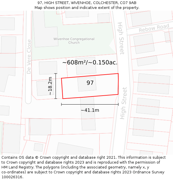 97, HIGH STREET, WIVENHOE, COLCHESTER, CO7 9AB: Plot and title map