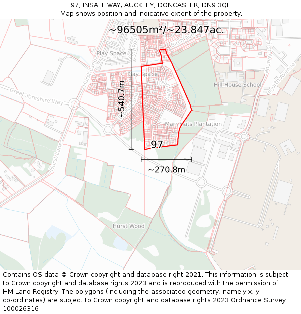 97, INSALL WAY, AUCKLEY, DONCASTER, DN9 3QH: Plot and title map