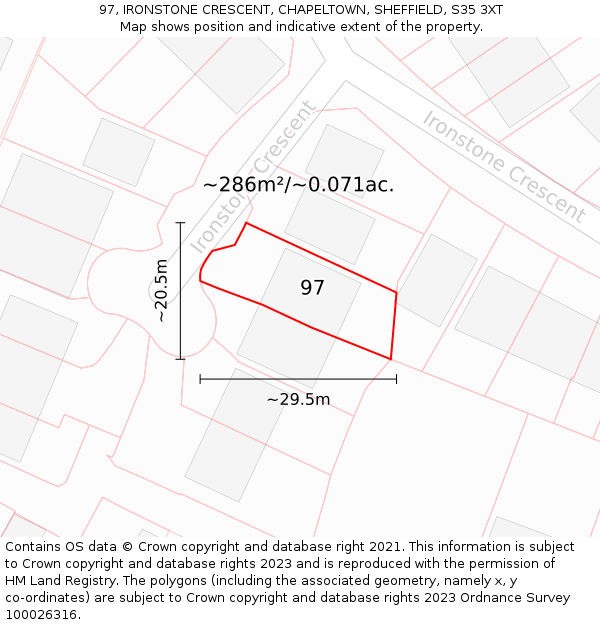 97, IRONSTONE CRESCENT, CHAPELTOWN, SHEFFIELD, S35 3XT: Plot and title map