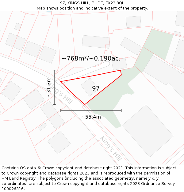 97, KINGS HILL, BUDE, EX23 8QL: Plot and title map