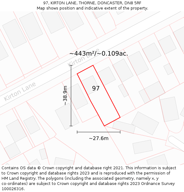 97, KIRTON LANE, THORNE, DONCASTER, DN8 5RF: Plot and title map