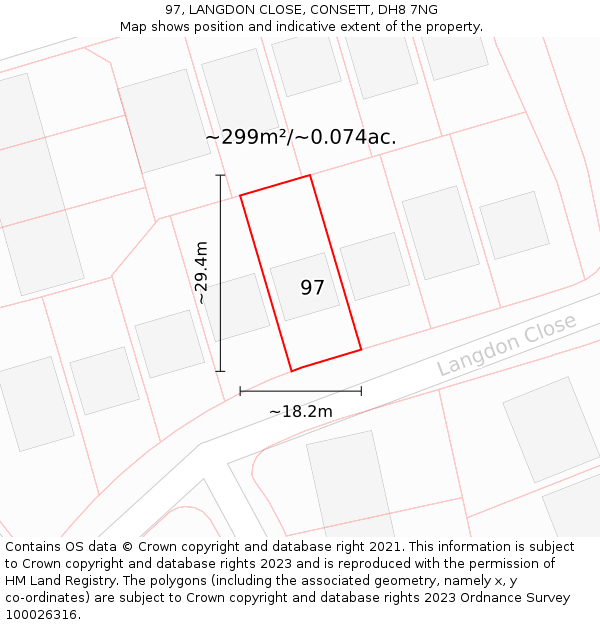 97, LANGDON CLOSE, CONSETT, DH8 7NG: Plot and title map
