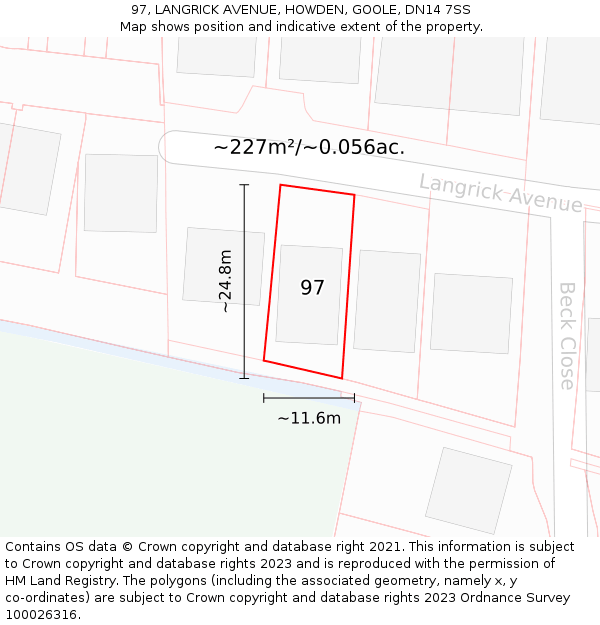 97, LANGRICK AVENUE, HOWDEN, GOOLE, DN14 7SS: Plot and title map