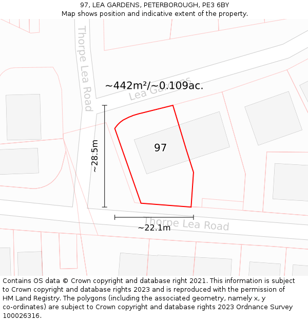97, LEA GARDENS, PETERBOROUGH, PE3 6BY: Plot and title map