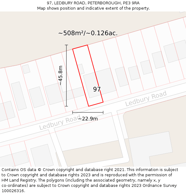 97, LEDBURY ROAD, PETERBOROUGH, PE3 9RA: Plot and title map