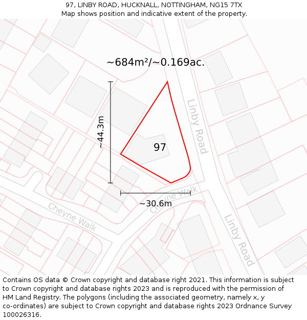 97, LINBY ROAD, HUCKNALL, NOTTINGHAM, NG15 7TX: Plot and title map