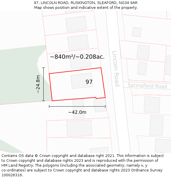 97, LINCOLN ROAD, RUSKINGTON, SLEAFORD, NG34 9AR: Plot and title map