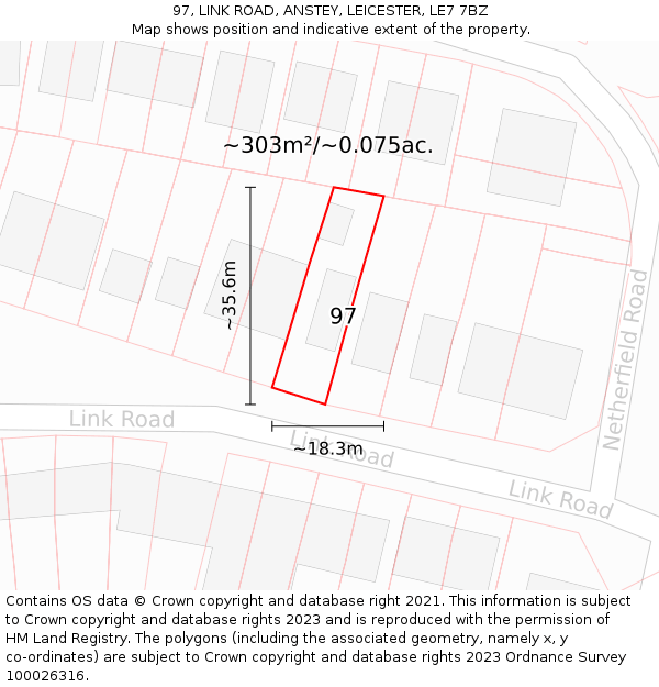 97, LINK ROAD, ANSTEY, LEICESTER, LE7 7BZ: Plot and title map